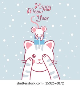cute cat and little mouse. mouse gives a present. merry christmas & happy new year. vector illustration