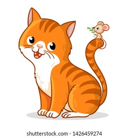 Cute cat with a cute little mouse on its tail. Vector illustration in cartoon style. Pet on a white background.