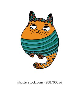 Cute cat, Little tiny colorful striped kitten sitting. Characters zentangle tribal stylized cat vector Illustration. Cute stylized cat pet animal, domestic kitty cartoon design.