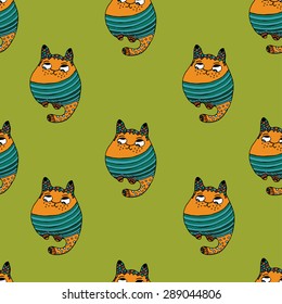 Cute cat, Little tiny colorful striped kitten sitting. Characters seamless pattern tribal stylized cat vector Illustration. Cute stylized cat pet animal, domestic kitty cartoon design. Hand drawn cat.