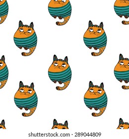 Cute cat, Little tiny colorful striped kitten sitting. Characters seamless pattern tribal stylized cat vector Illustration. Cute stylized cat pet animal, domestic kitty cartoon design. Hand drawn cat.