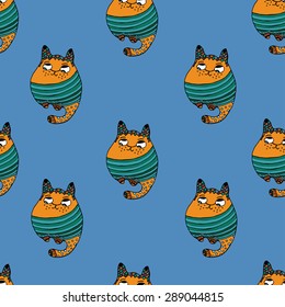 Cute cat, Little tiny colorful striped kitten sitting. Characters seamless pattern tribal stylized cat vector Illustration. Cute stylized cat pet animal, domestic kitty cartoon design. Hand drawn cat.