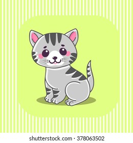 Cute cat, Little tiny gray striped kitten sitting. Characters. The concept of children's and educational books. Vector Illustration.