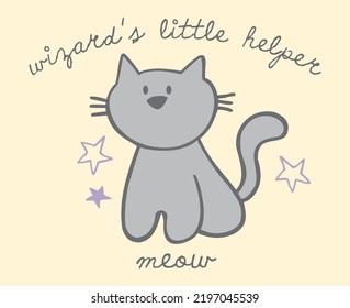 cute cat little wizard helper  cartoon vector illustration for kids t shirt print, poster, greeting card invitation, badges, stickers, book covers, pajamas and mugs.