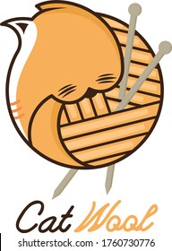 Plantilla de diseño de logotipo de gato. Fondo de la ilustración del logotipo del gato vectorial y la bola de lana en círculo