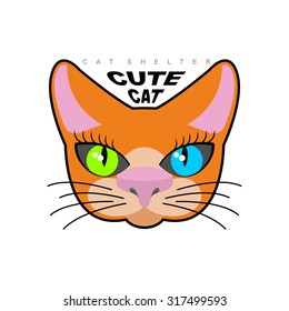 Cute cat. Logo for  kitty shelter. Vector emblem pet.
