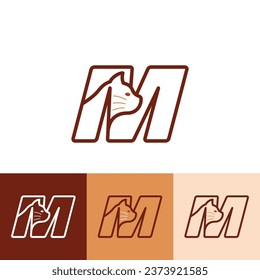 cute Cat Logo of Letter M Pet paw store icon vector, care animal shop, veterinary clinic symbol clipart.
