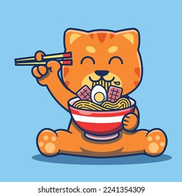 Cute cat logo mascot eating ramen with chopsticks vector illustration