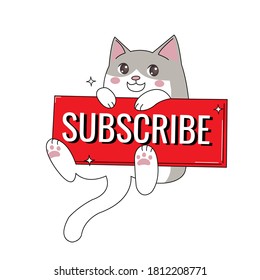 Cute cat logo mascot with subscribe button. Kawaii kitten sticker. Simple design flat vector isolated on white background.