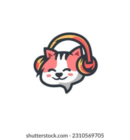 cute cat logo mascot vector wearing a headset