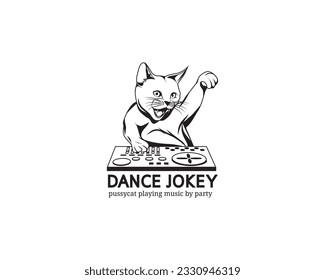 cute cat logo playing dj controls.
silhouette illustration on white background.