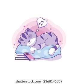 Un gato lindo durmiendo sobre la almohada con la ilustración del icono del vector de dibujos animados de música. Vector Premium Aislado De Concepto De Icono De Amor Animal. Estilo de dibujo plano