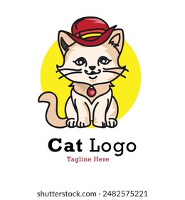 Cute cat logo vector illustration for pet shop, animal service and more with dummy text on white background.