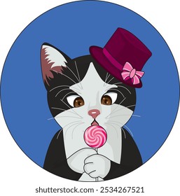 Cute cat with lollipop and wearing top hat logotype vector