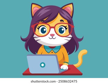 Gato bonito com cabelo comprido e óculos usando Laptop computador vetor ilustração, impressão de alta qualidade editável pronto adesivo arquivo, Cat Cartoon logotipo