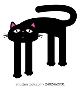 Cute cat with long legs. Tall kitten. Cartoon baby pet character. Long paws. Kawaii black kitty head face. Happy Halloween. Greeting card. Sticker print. Flat design. White background. Vector