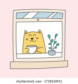 Un gato lindo mira por la ventana con una taza de café. Ilustración vectorial dibujada a mano sobre fondo rosa.