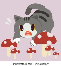 The cute cat look scary with a lot of red mushroom in flat vector style.