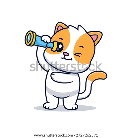 Cute Cat Looking With Binoculars Cartoon Vector Icon Illustration. Animal Holidays Icon Concept Isolated Premium Vector. Flat Cartoon Style