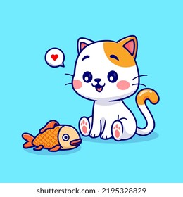 Un Gato Aburrido Mirando La Ilustración Del Icono Del Vector De Caricaturas De Pescado. Concepto de icono de la naturaleza animal Vector Premium aislado. Estilo de dibujo plano