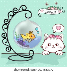 Cute cat are looking at goldfish swimming with love.