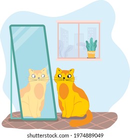 cute cat looking at mirror vector illustration.