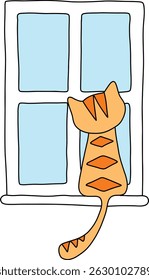 Cute Cat Looking Out the Window Vector Illustration - Minimal Hand Drawn Style Animal Design