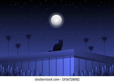 a cute cat looking starry night landscape
