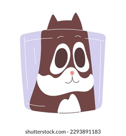 Cute cat looking through water glass. Distorted funny kitty with adorable lovely eyes. Funny strange portrait of amusing fun feline animal. Flat vector illustration isolated on white background