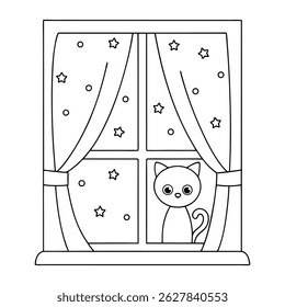 Cute cat looking through window with star patterned curtains line art