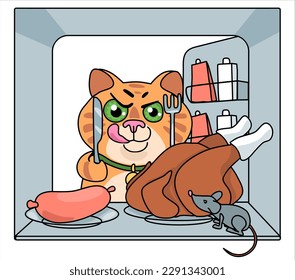 
Cute cat looks into the refrigerator. Hungry cat with a knife and fork in his paws. The cat wants to eat sausage or grilled chicken. The mouse hides from the cat. Humor card