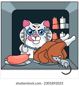 Cute cat looks into the refrigerator. Hungry cat with a knife and fork in his paws. The cat wants to eat sausage or grilled chicken. The mouse hides from the cat. Humor card