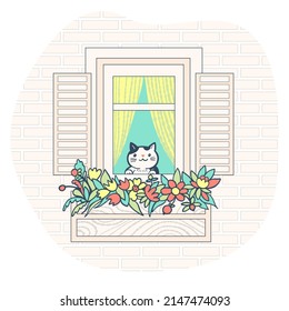 A cute cat looks out the window decorated with flowers. Vector illustration.