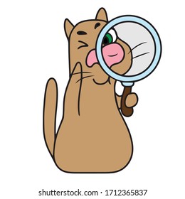 Cute cat sieht durch eine große Lupe.Vektorillustration Design für Grußkartenbanner