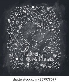 Cute cat. Love is in the air. Text message. Decorative hearts set. Valentines day. Vector illustration. Love concept. Chalkboard isolated texture background. Black and white. Web and mobile interface.