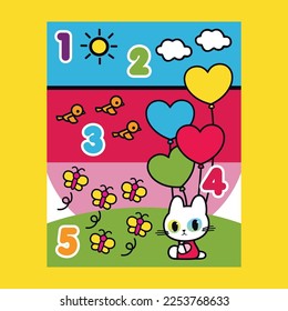 Cute cat with love balloon poster illustration with learning numbers background design