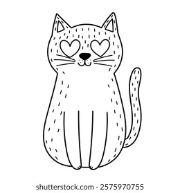 Cute cat in love black and white print. Happy feline character with heart eyes for Valentine's Day and Love coloring page. Vector illustration