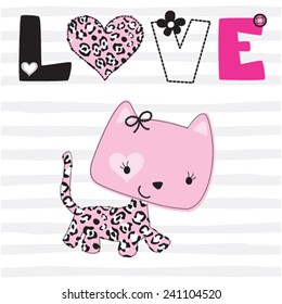 cute cat love card t-shirt graphics striped background vector illustration