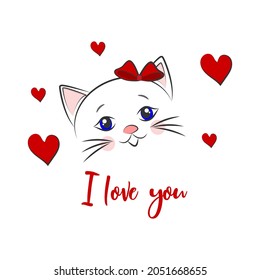 Cute cat . Love concept. Postcard with a kitten. Design element for wedding, birthday or Valentine's Day. Vector illustration