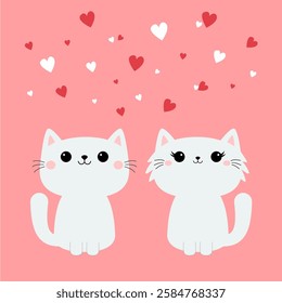 Cute cat love couple sitting. Kawaii face head. White fluffy kitten. White red hearts. Happy Valentines Day. Cartoon kitty character. Animal in love. Greeting card. Flat design. Pink background Vector