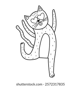 Cute cat in love dancing print in black and white. Happy feline character for Valentine's Day and Love coloring page. Vector illustration