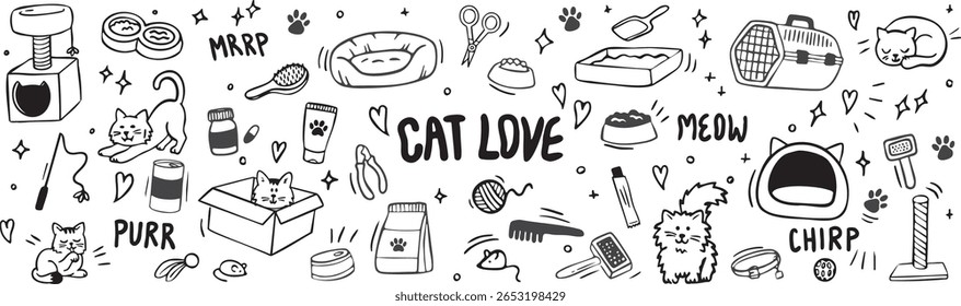 Cute gato amor doodle coleção vetor, conjunto de ilustração
