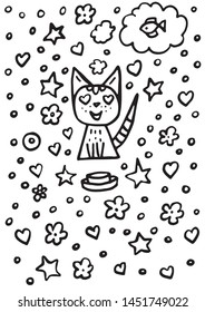 Cute cat love eat fish. Doodle illustration