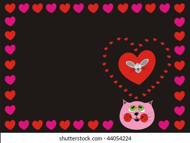 Cute Cat in love with a funny mouse on a black background with hearts
