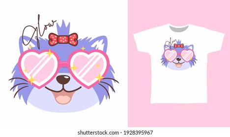 Cute cat with love glasses cartoon illustration tee design vector.