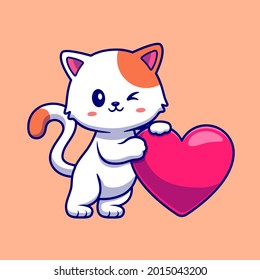 Cute Cat With Love Heart Cartoon Vector Icon Illustration. Animal Nature Icon Concept Isolated Premium Vector. Flat Cartoon Style