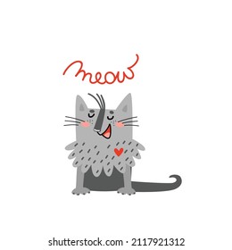 Cute cat in love with heart sitting alone and saying meow. Happy hairy kitty boy, funny cartoon pet. Hand drawn vector illustration isolated on white. Flat design, idea for print on card, t shirt etc.