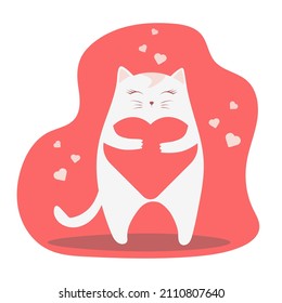 Cute cat in love hugging a big red heart. Vector illustration.