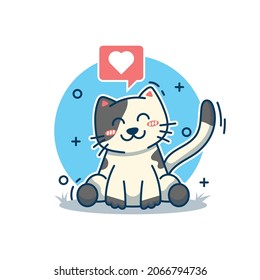 Cute cat with love icon on it vector illustration. Flat cartoon style. Suitable for stickers, banners, advertisements, web line pages, and more.