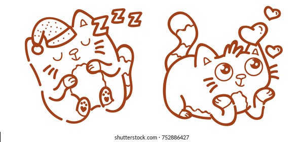 Cute Cat: in love, kiss, romantic, relationship and sleeping, taking a nap, rest, snooze. Character in outline hand drawn style, doodle cartoon illustration. As mascot, sticker, emoji, emoticon